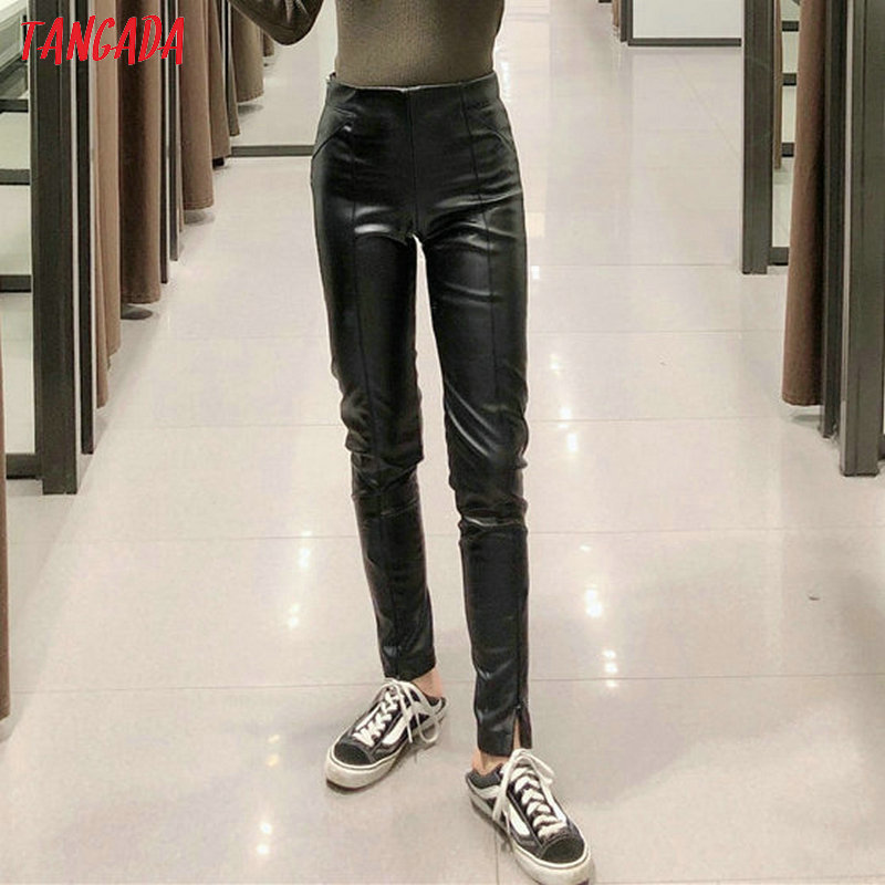 women black white skinny PU leather stretch zipper female autumn winter pencil pants trousers 6A04 210416