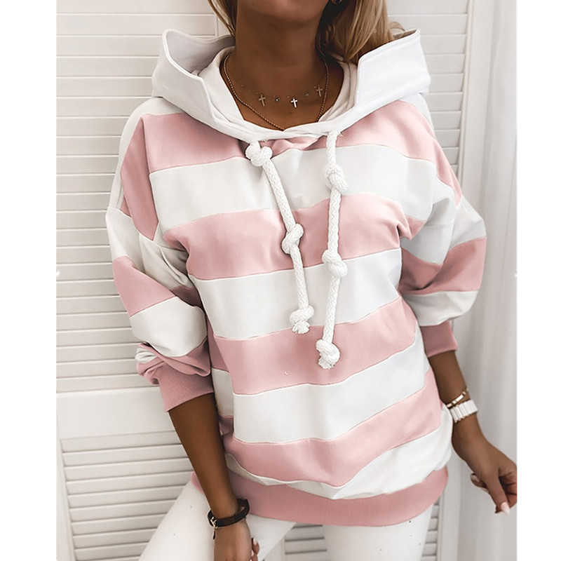 Autumn Casual Wide Stripe Hoodies Women Sweatshirt Long Sleeve Hooded Drawstring Tie Pullover Top Ladies Loose Thin 210526