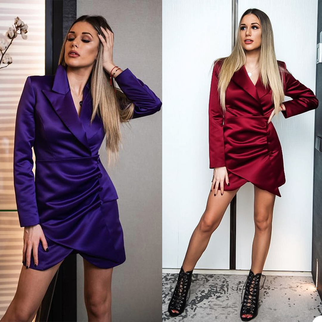 Satin Silk Mini Prom Dresses Long Sleeve Sexy V Neck Pleats Evening Gowns Party Club Wear robe de soiree