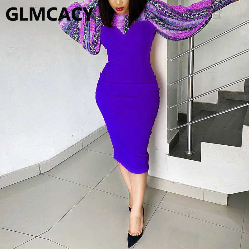 Women Batwing Sleeve Patchwork Bodycon Midi Dress Classy Slim Dresses 210702