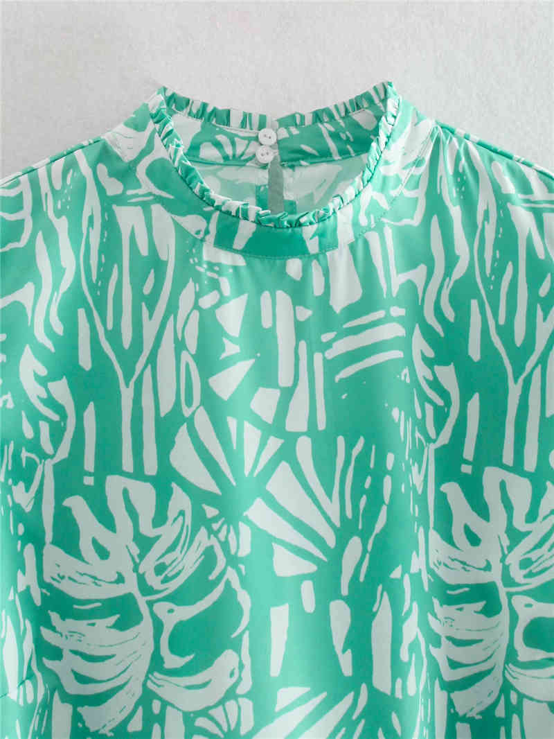 Streetwear Women Print Shirts Fashion Ladies Turquoise Stand Collar tops Elegant Female Chic Puff Sleeve Blouses 210430