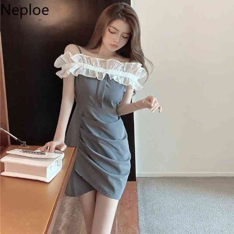 Neploe Bodycon Dress Women Sexy Lady Summer Fashion Robe Slash Neck Sleeve Ruffles Vestidos Pleated Irregular Mini Dresses 210422