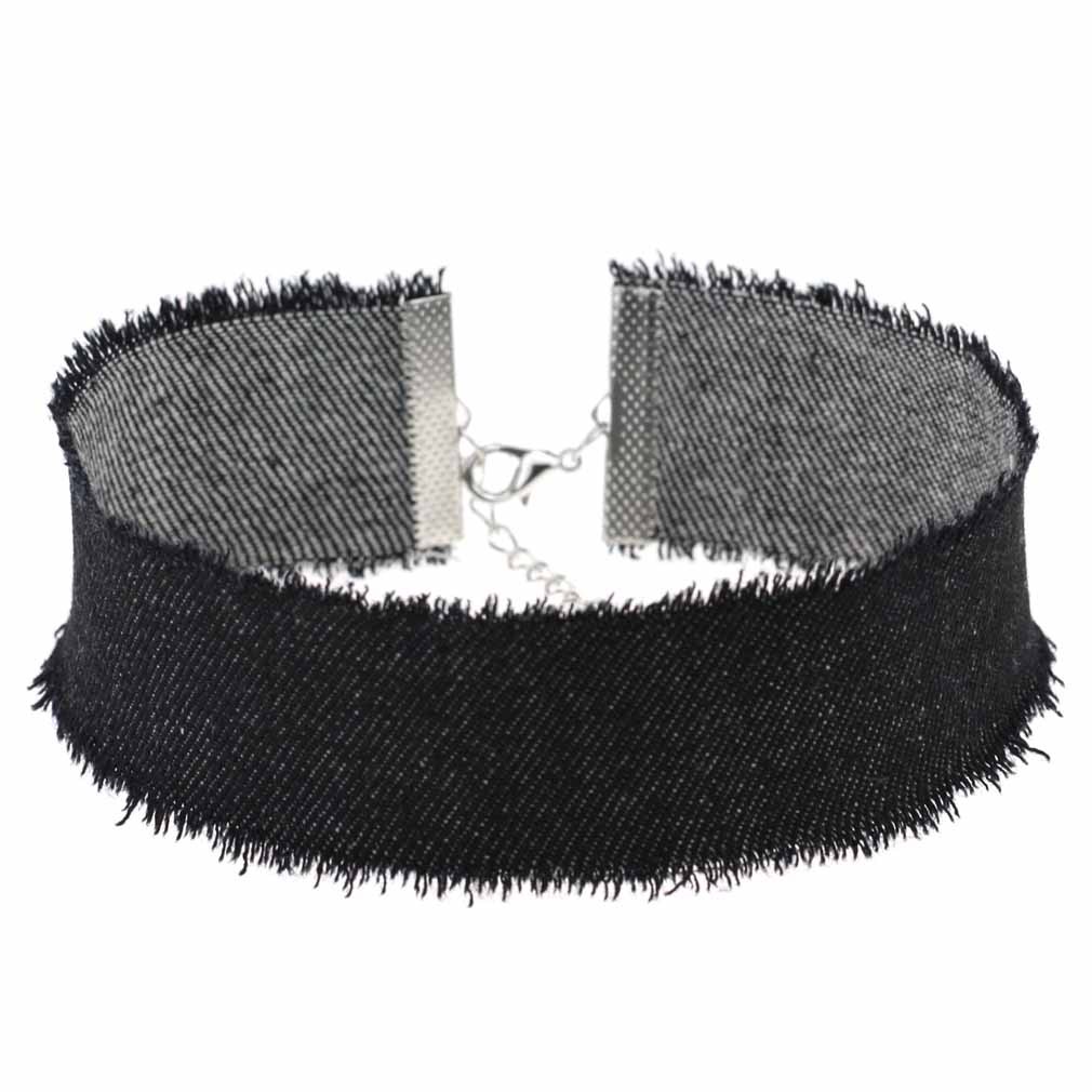 Width Gothic Denim Chokers Necklace Collar Sexy Women Necklet Denim Jean Short Necklace Accessories Wide Frayed Denim Jeans Choker Necklace Jewelry fo