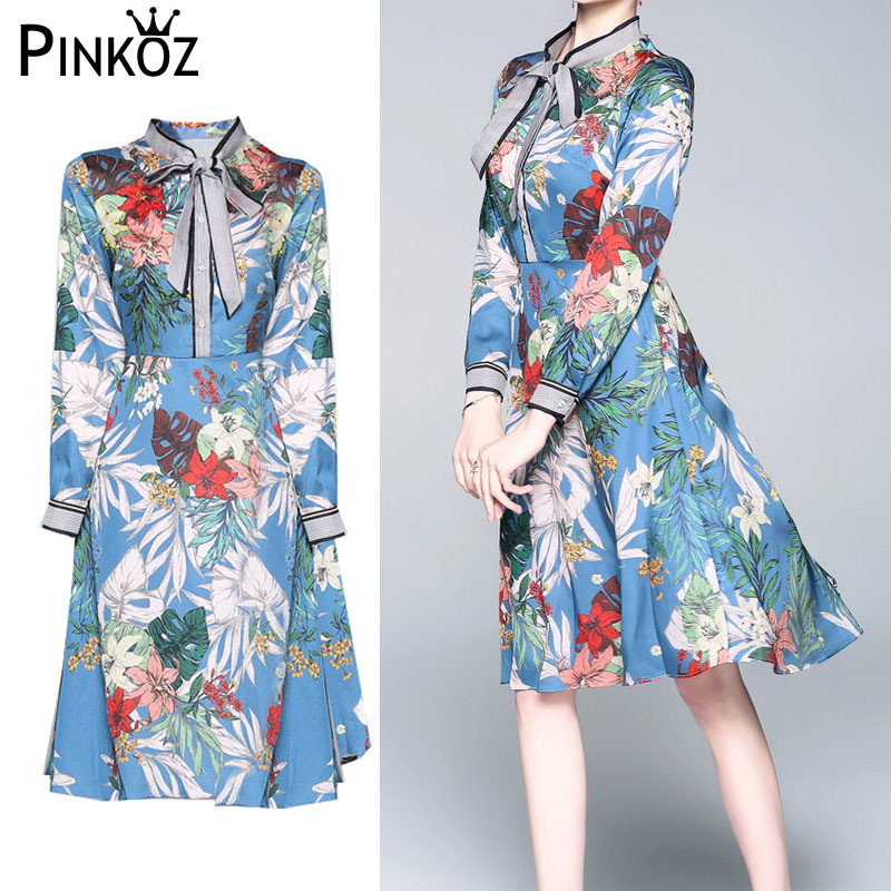 blue knee length dress bow collar tropical floral printed long high waist A-line dresses for women chic vestidos 210421
