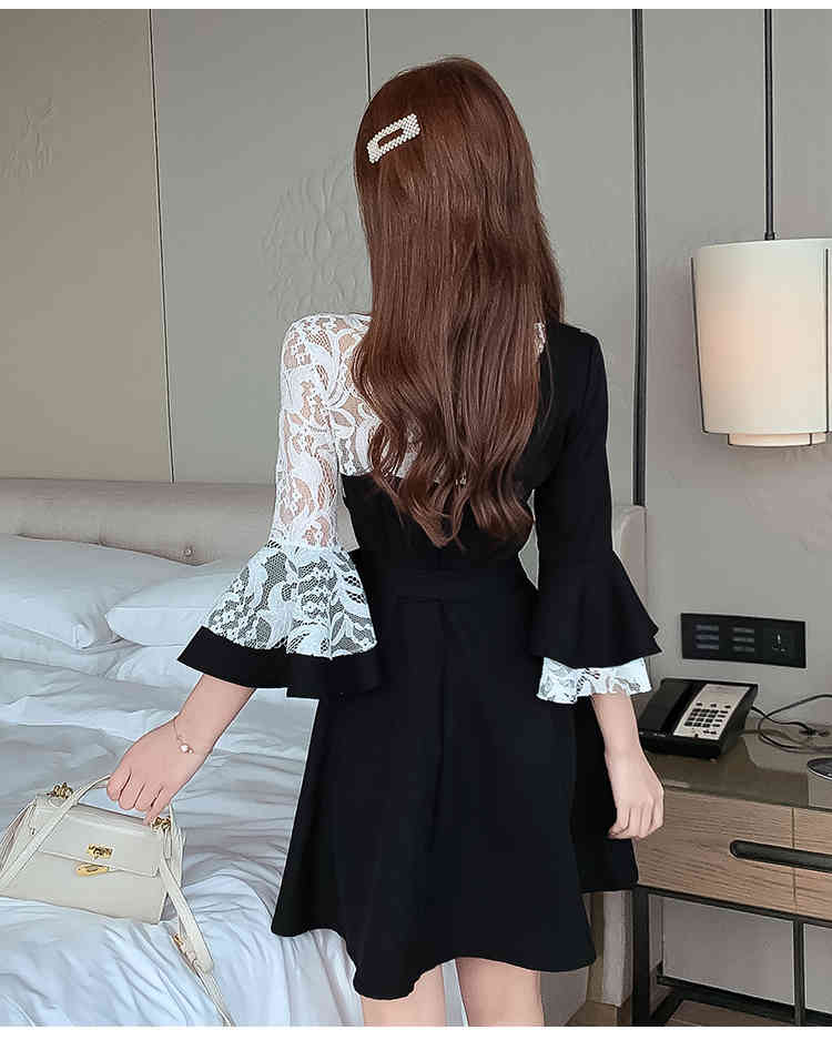 Korean Spring Elegant Mini Party Dress Fashion Women Casual Belt Lace Flare Sleeve Splicing Vintage Female 210519