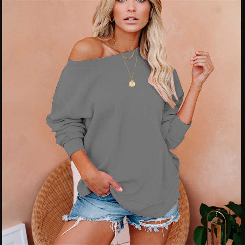 Women Sexy One Shoulder Sweatshirts Autumn Winter Casual Solid Long Sleeve Loose Hoodies 9 Colors Pullovers Tops Plus Size 210526