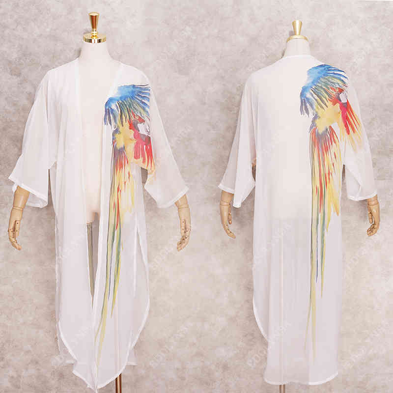 Boho Parrot Printed Bikini Cover-ups White Chiffon Tunic Plus Size Long Kimono Women Beach Wear Swim Suit Cover Up A875 210420