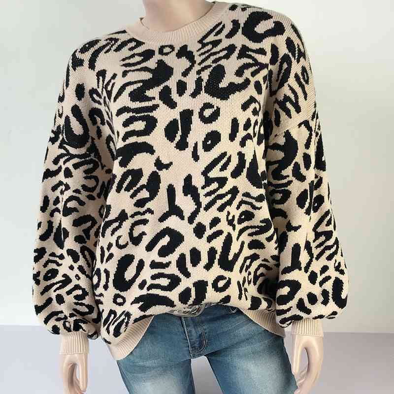 Qooth Leopard Sweater Women Pullover Knitted Sweaters Winter Fashion Long Sleeve Casual Loose Jumpers QH1941 210609