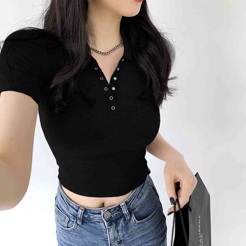 Women Summer Polo Shirts Office Ladies Short Sleeve Solid Turn Down Collar Button Elastic Top Female 100% Cotton Bottoming Shirt 210514