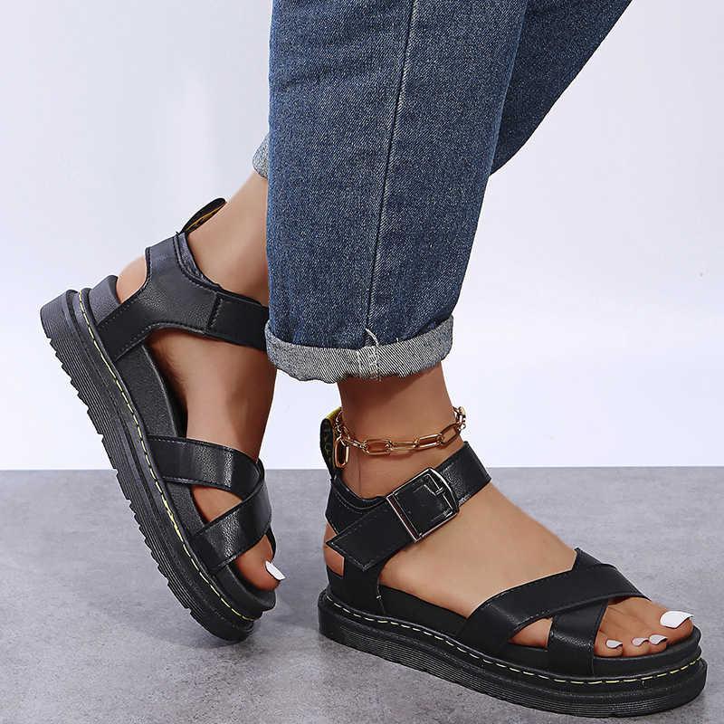 

Sandals 2021 Summer Flat Bottom Heel Thick Soled Roman Shoes Buckle Cross Solid Color Women's Student, Black