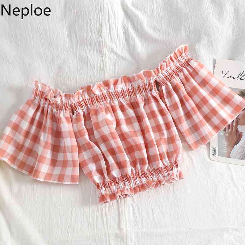 Neploe Fashion Korean Suit Two [iece Set Women Plaid Off Shoulder Crop Tops High Waist Wide Leg Pants Ropa Mujer 2 Piece Set 210422