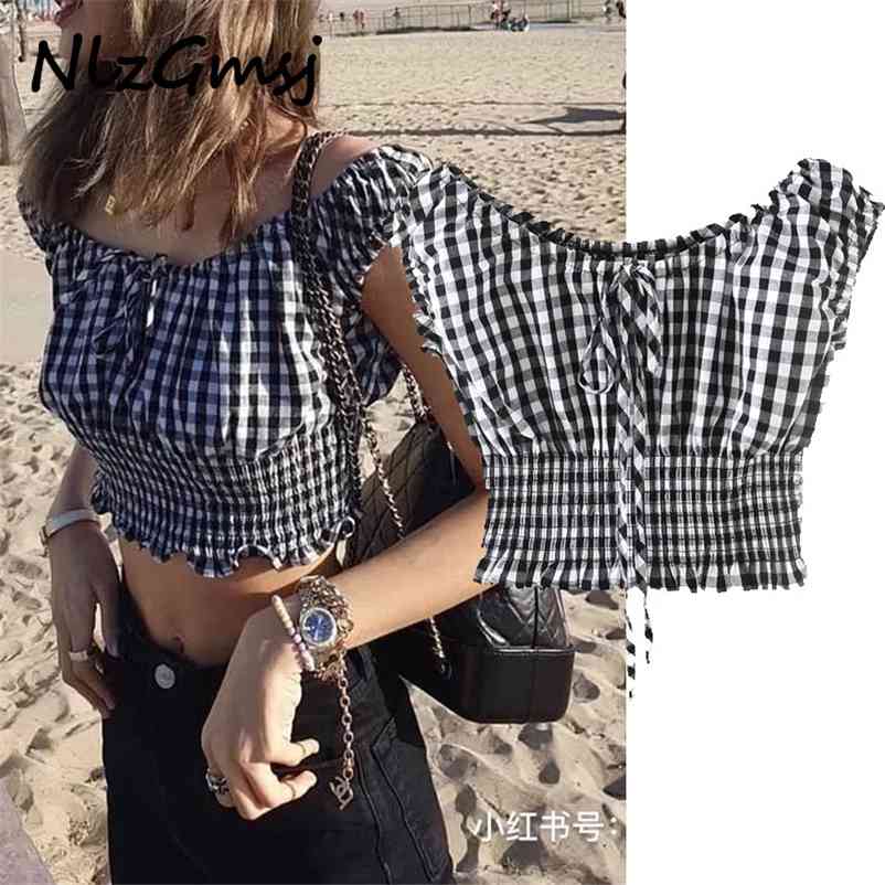 Blouse Women one-shoulder thin black and white plaid cute bow elastic waist pleated vest shirt 03 210628, As picture
Blouse Women one-shoulder thin black and white plaid cute bow elastic waist pleated vest shirt 03 210628, As picture