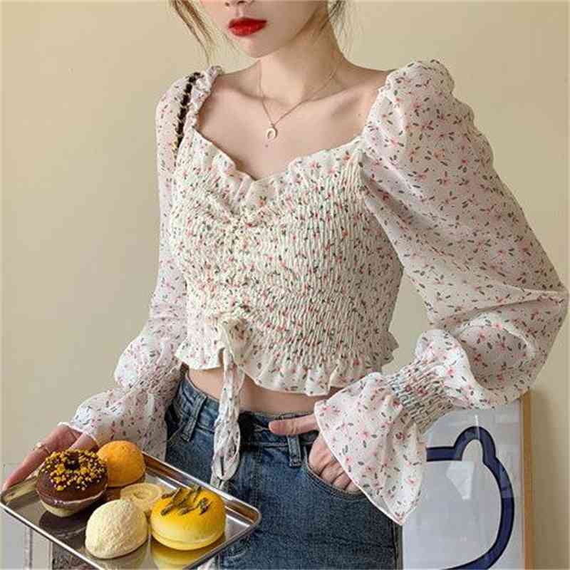 Summer Chiffon Floral Blouse Female Cropped Top Square Collar Korean Style Lantern Sleeves Flower 210510
