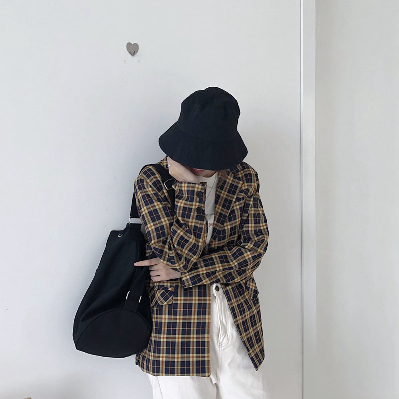 Retro Yellow Plaid Chic Office Lady Vintage Loose England Style Women Plus Size Feminine All Match Blazer 210421