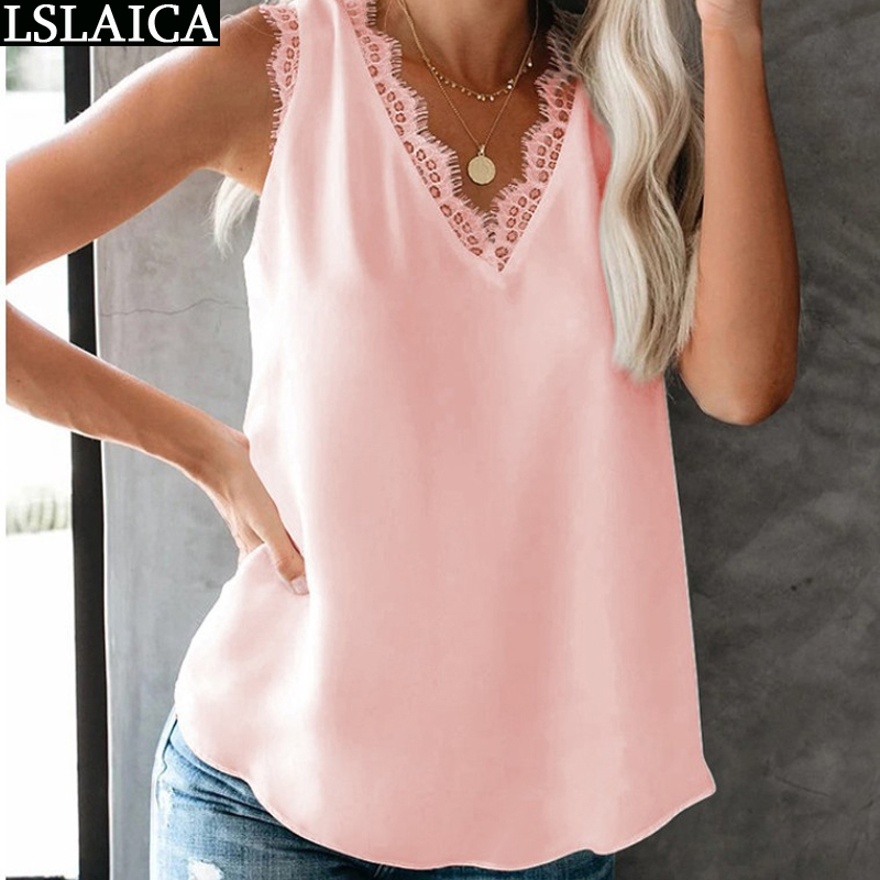 Blouse Women Sleeveless Lace Patchwork Solid Color Blouses Casual Chiffon Fashion Office Summer Blusas Mujer De Moda 210520