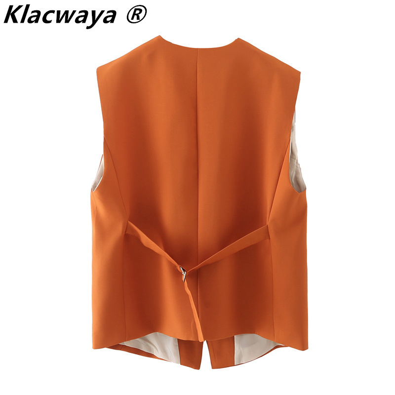 Women Simply Sleeveless Single Breasted Orange Vest Jacket Office Lady Slim Suit WaistCoat Pockets Outwear Tops 210521
