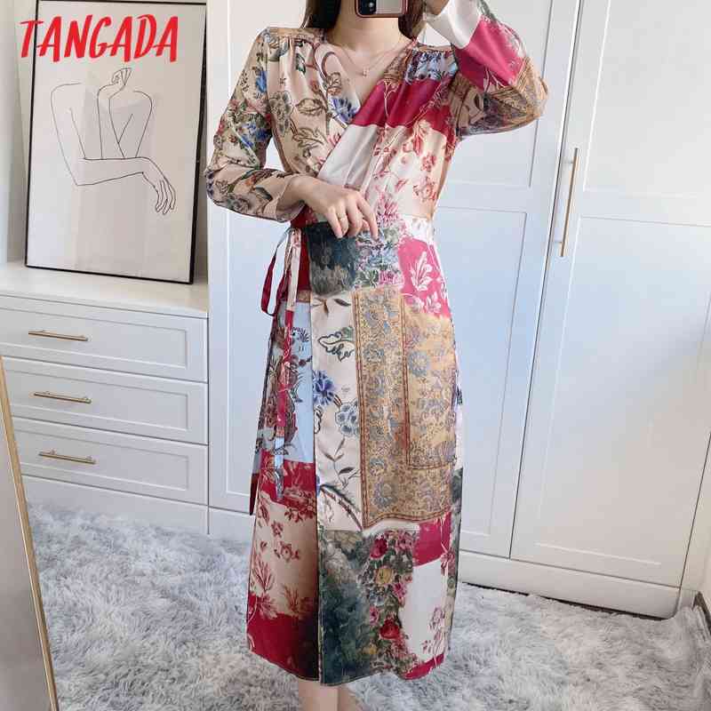 Fashion Women Floral Print with Slash Vintage Long Sleeve Ladies Dress 5Z70 210416