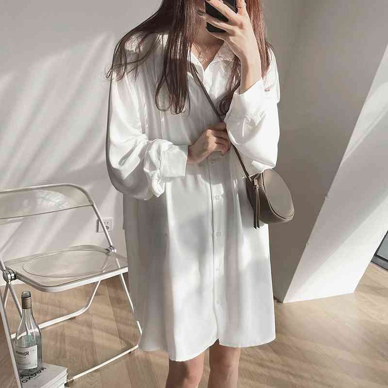 S-XL spring Long sleeve shirt Dress woman Lady loose shirt Autumn White Maxi Beach Dress womens Robe Vestido (G3299 210423