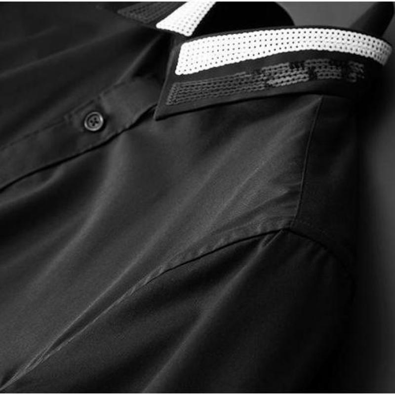 Minglu Long Sleeve Male Shirts Luxury Black And White Sequin Collar Casual Mens Dress Fashion Slim Fit Party Man Men's