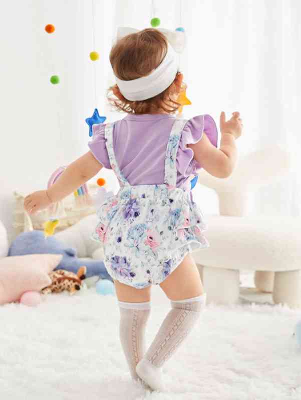 Baby Ruffle Trim Tee & Floral Print Bow Front Suspender Shorts SHE