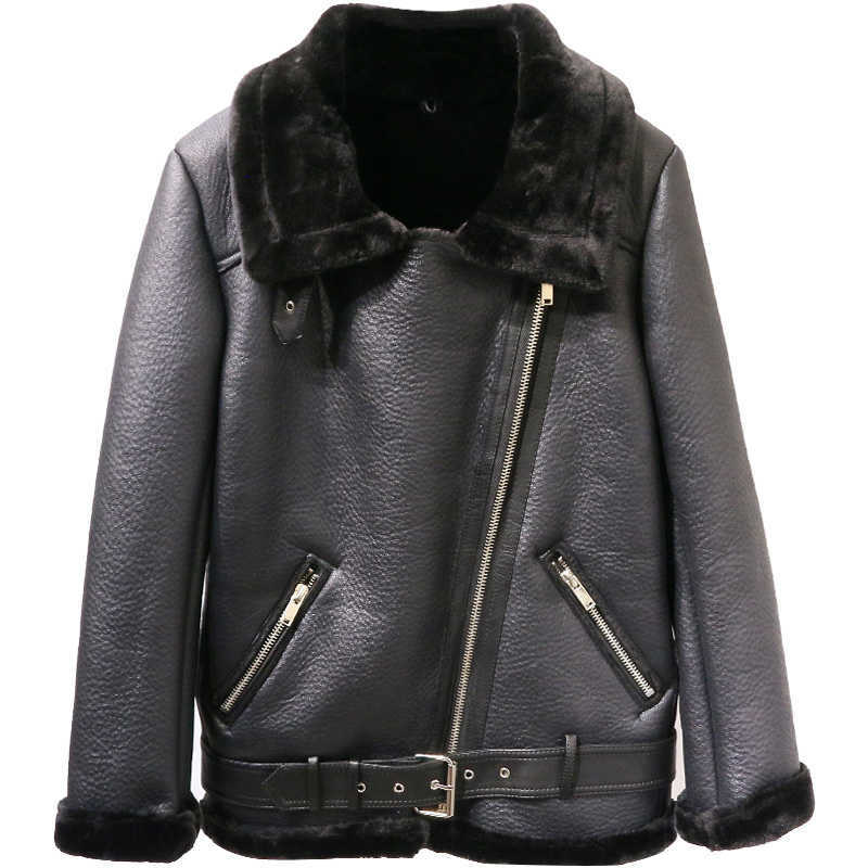 LY VAREY LIN Winter Women Black Motorcycle Female Outwear Faux Sheepskin Coats Thicken Leather Lambs Wool Fur Jacket 210526