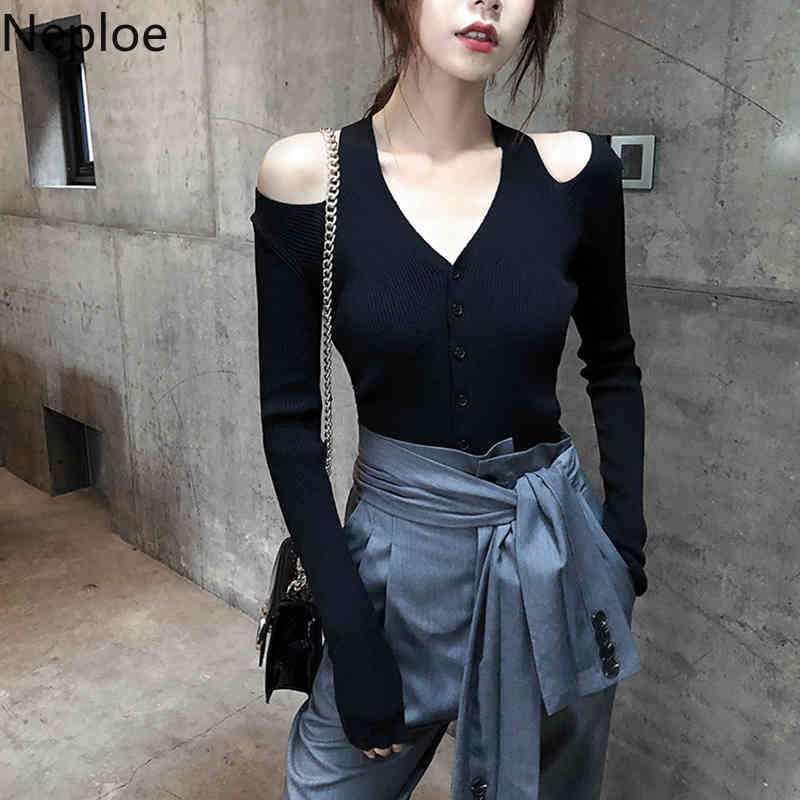 Neploe Off Shouder Halter Sweater Women Sexy V-neck Knitted Black Cardigan Korean Chic Sueter Slim Long Sleeve Sueter Tops 4G381 210422