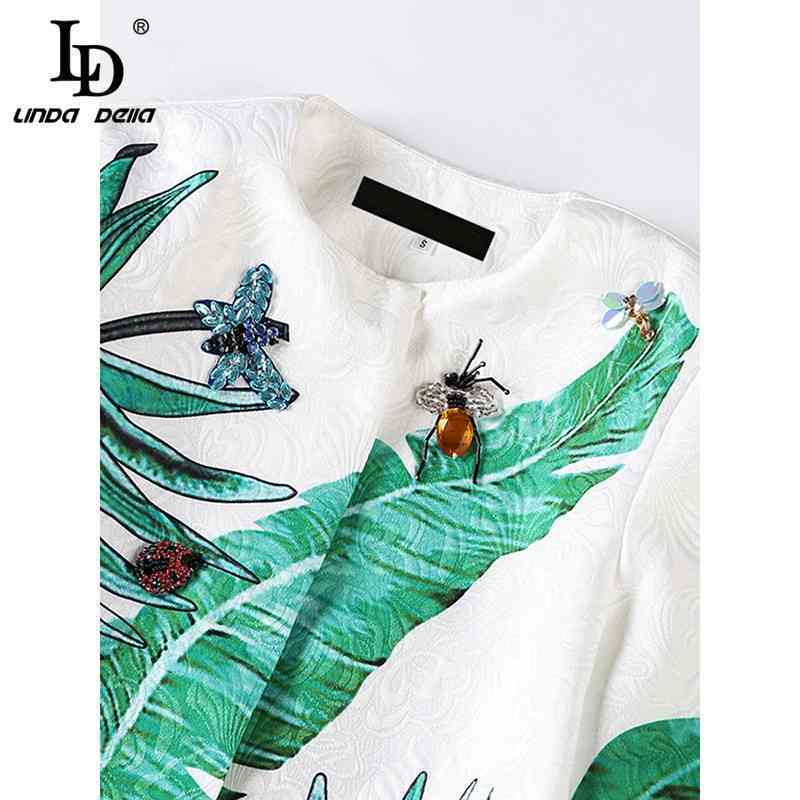Fashion Runway Summer Coat Women's Long Sleeve Floral Print Crystal Beading Casual Outerwear Overcoat 210522