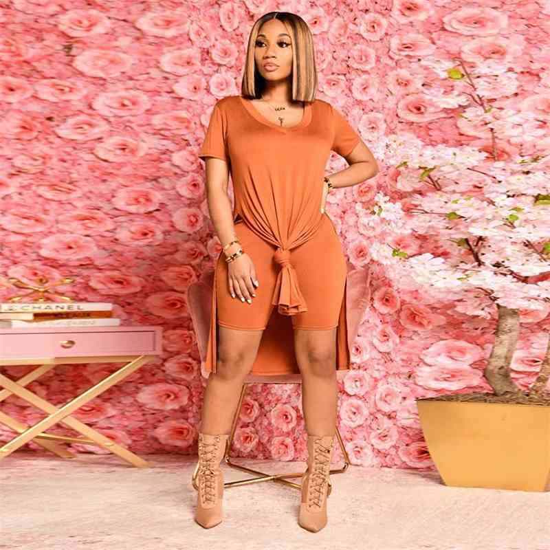 S-XXXL Plus Size Solid Two Piece Set Tracksuit for Women Short Sleeve Side High Split -long Tops and Skinny Shorts Outfits 210707