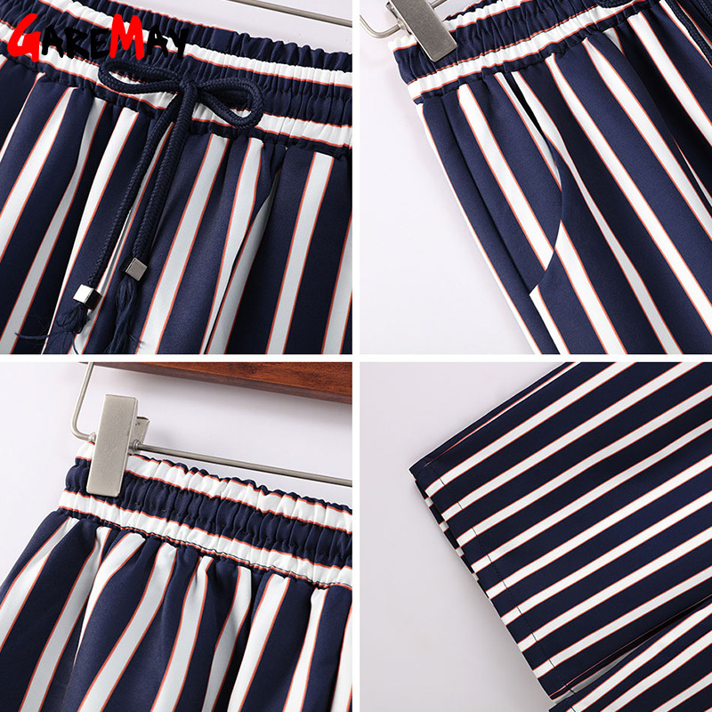 Wide Leg Pants Women Summer Chiffon Colorful Blue Striped Female Loose Trousers With Stripes Pantalon Large Femme 210428