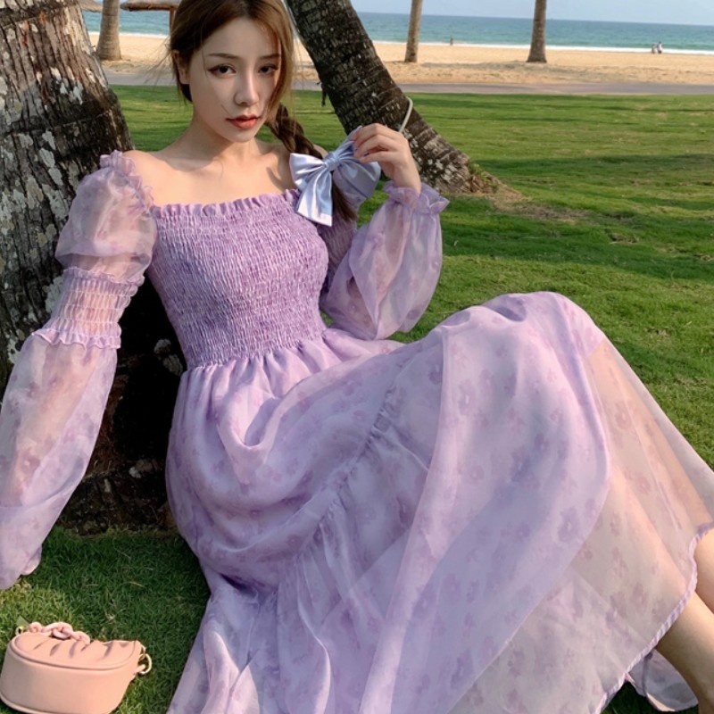 Vintage French Summer Bohemia Beach Dress Elegant Women Purple Long Sleeve Chiffon Casual Fairy Midi Vestidos 210519