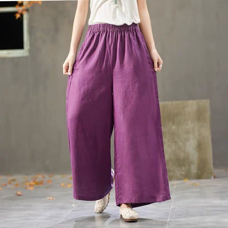 Summer Arts Style Women Elastic Waist cotton linen Wide Leg Pants Vintage Solid Loose Femme Trousers Plus Size S786 210512