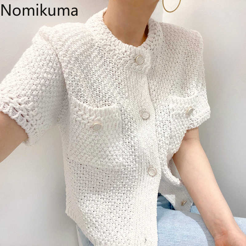 Nomikuma Korean Causal Women Knitwear Short Sleeve Single Breasted O-neck Knitted Coat Fashion Cardigan Jacket 6B154 210928