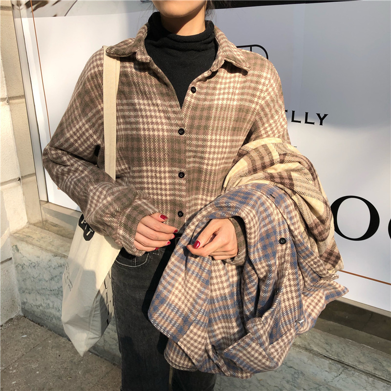 Shirt Women Jacket Loose Vintage Ladies Plaid Checked Button Up Collared Tops Spring Autumn Korean Chic Fashion New Blouses 210415