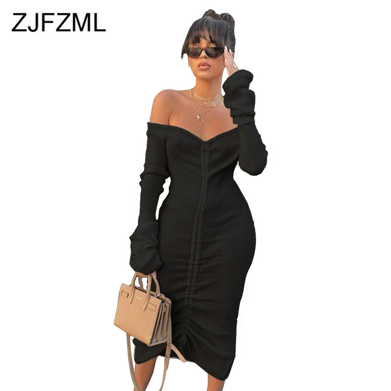 Front Drawstring Sexy Bandage Dresses Women White Slash Neck Long Sleeve Club Party Dress Autumn Winter Off Shoulder Maxi Dress 210409
