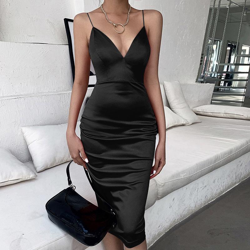 Sexy V-neck Satin Dress 2021 Womens Straps Bodycon Ruched Woman Party Night Club Summer Clothes For Women Casual Dresses