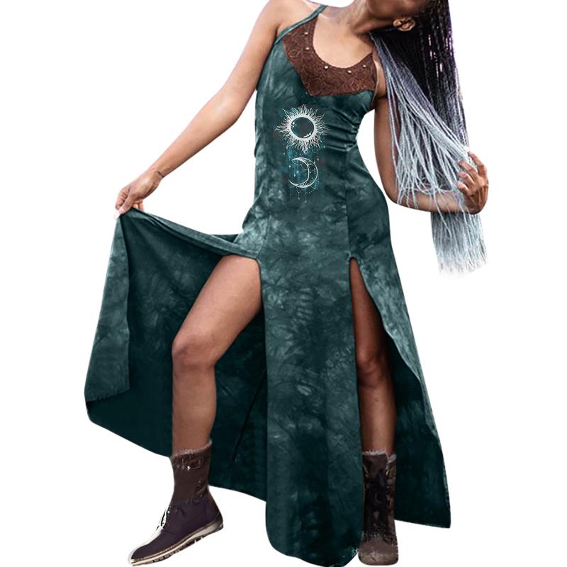 Dress Women Summer Retro Dyeing Lace Print Split Dresses Sexy Long Slip Undefined Elegant For Casual