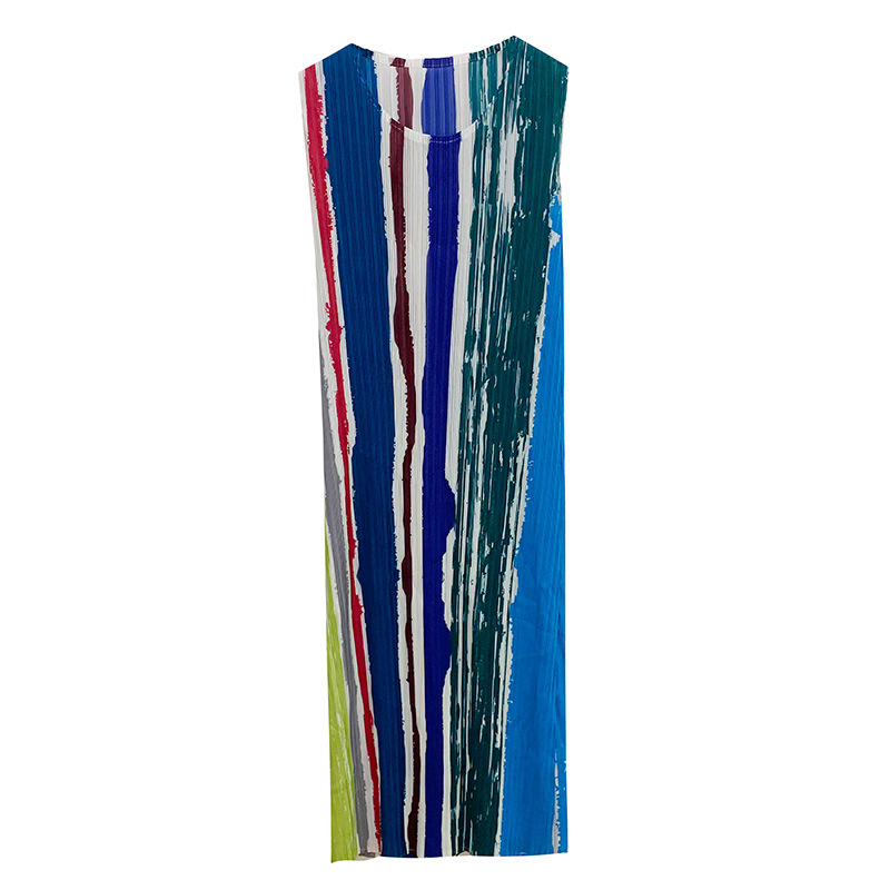 Pleated Vintage Dress Summer Sleeveless Striped Print Dresses Women's Fashion Clothing 2D3588 210526