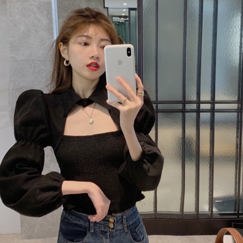 Chic Solid Korean Sweet Women Shirts Hollow Out Puff Sleeve Blouse Fashion Pleated Stretch Cropped Blusas Mujer 210519