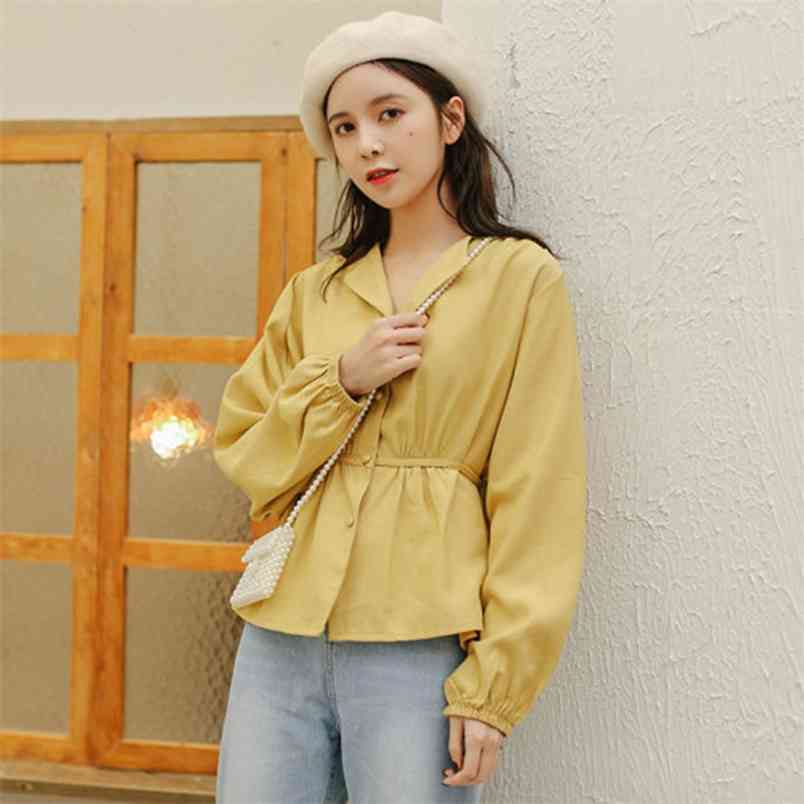 Arrival Spring Autumn Korea Fashion Women Long Sleeve V-neck Shirts All-matched Casual Yellow Blouses Ladies slim Tops S343 210512