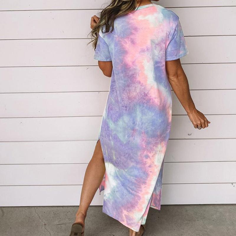 Casual Boho Beach Dresses Womens Tie-Dye Printed O-Neck Party Summer Maxi Dress Sexy Split Short Sleeve Loose Long 2021