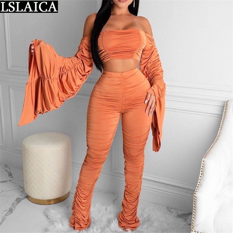 2 Piece Set Women Fashion Autumn Ruched Flare Sleeve Off Shoulder Crop Top Stacked Leggings Pants Sets Streetwear Club Outfits 210515