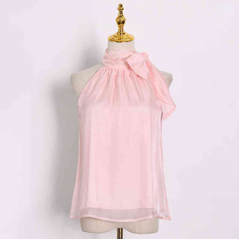 White Patchwork Bowknot Shirt For Women Stand Collar Sleeveless Elegant Blouse Female Fashion Clothing Spring 210524