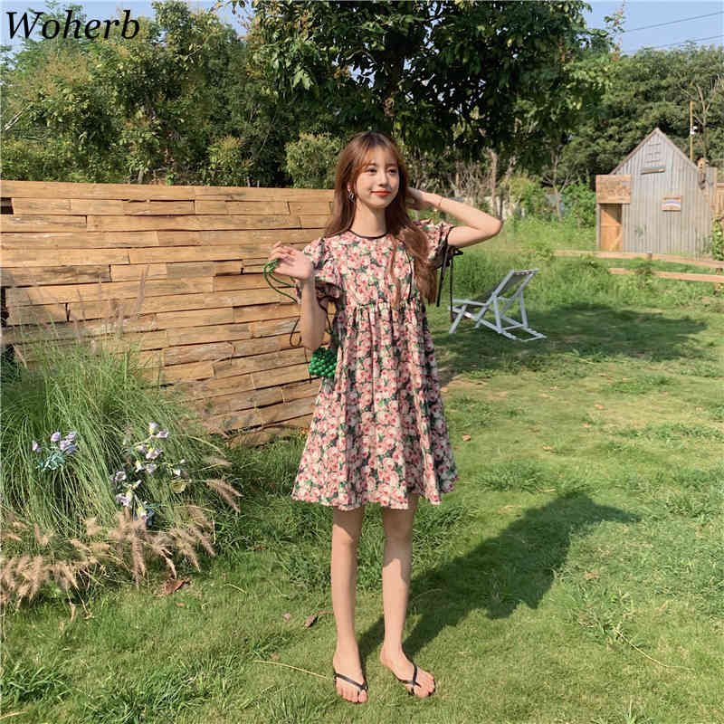 Vintage Elegant Floral Printed Dress Women Summer Short Puff Sleeve Kawaii Loose Dresses Fashion Korean Vestidos Femme 210519