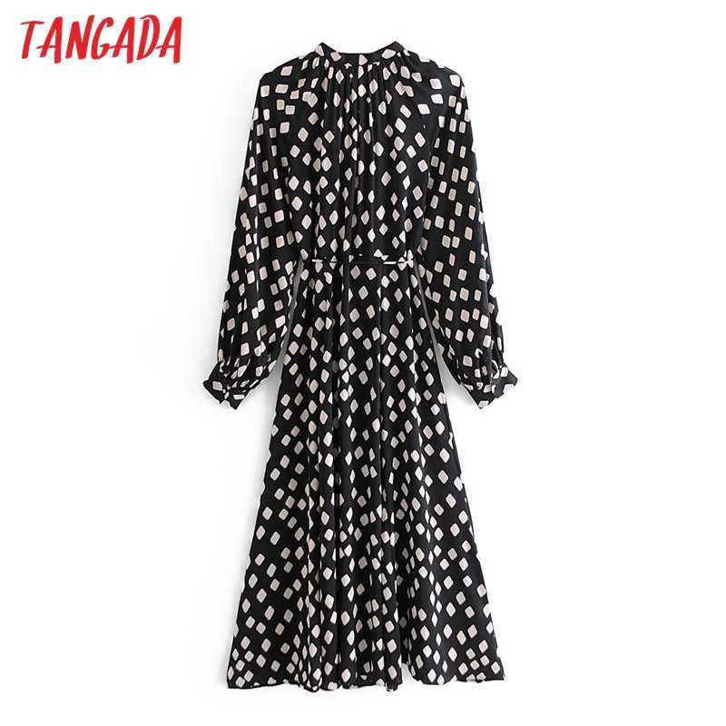 Tangada Spring Fashion Women Geometry Print Bow Tie Shirt Dress Long Sleeve Office Ladies Midi Dress With Slash 3A61 210630