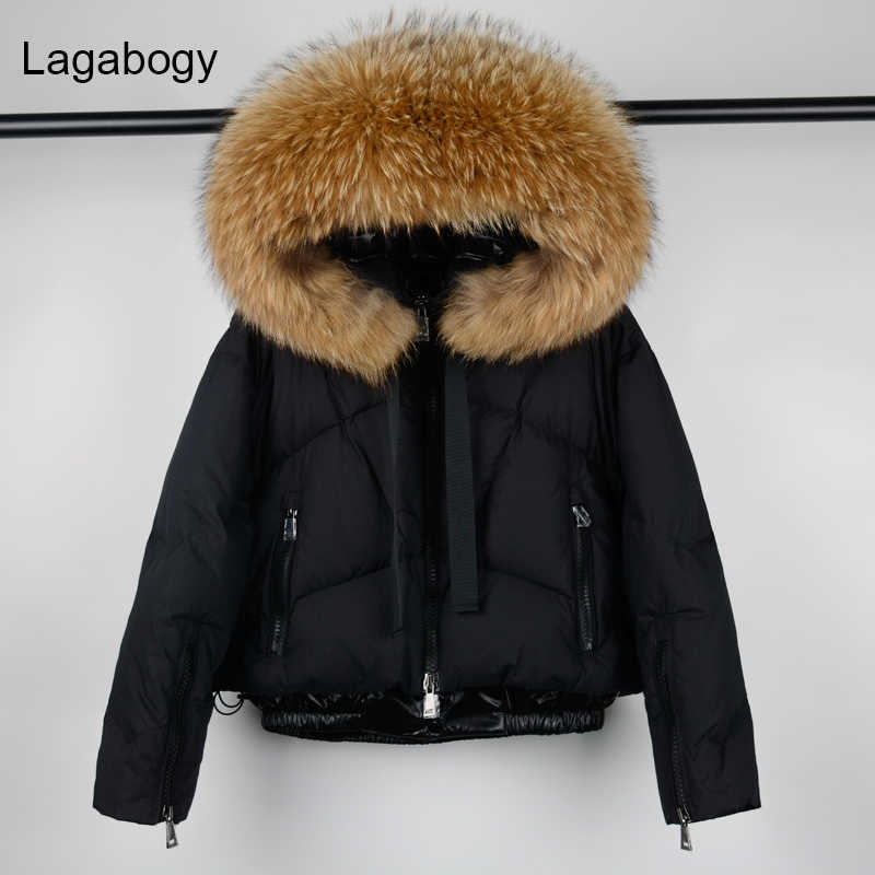 Lagabogy Top Quality Winter Coat Women Large Raccoon Fur Hooded 90% White Duck Down Thick Parkas Female Snow Puffer Jackets 210819
