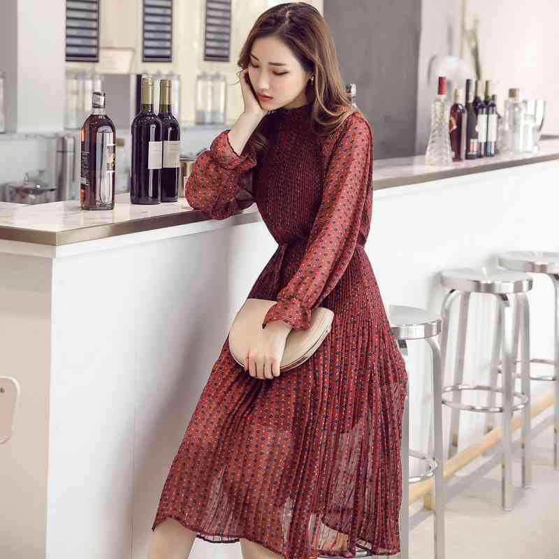 Women chiffon dress autumn winter female elegant vintage long sleeve printed pleated office lady casual loose es 210423