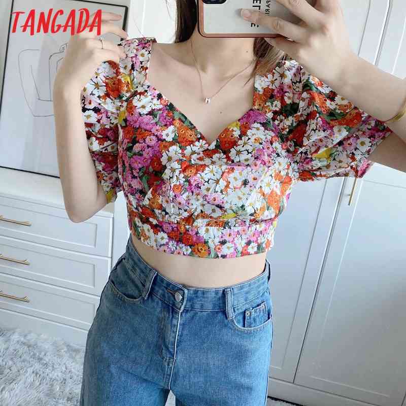 Women Retro Print Crop Short Sleeve Summer Chic Female Sexy Slim Shirt Tops 5Z80 210416