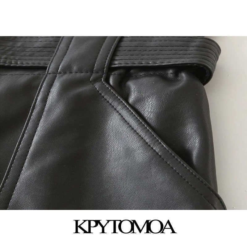 KPYTOMOA Women Chic Fashion With Belt Faux Leather Shorts Vintage High Waist Zipper Fly Pockets Female Short Pants Mujer 210714