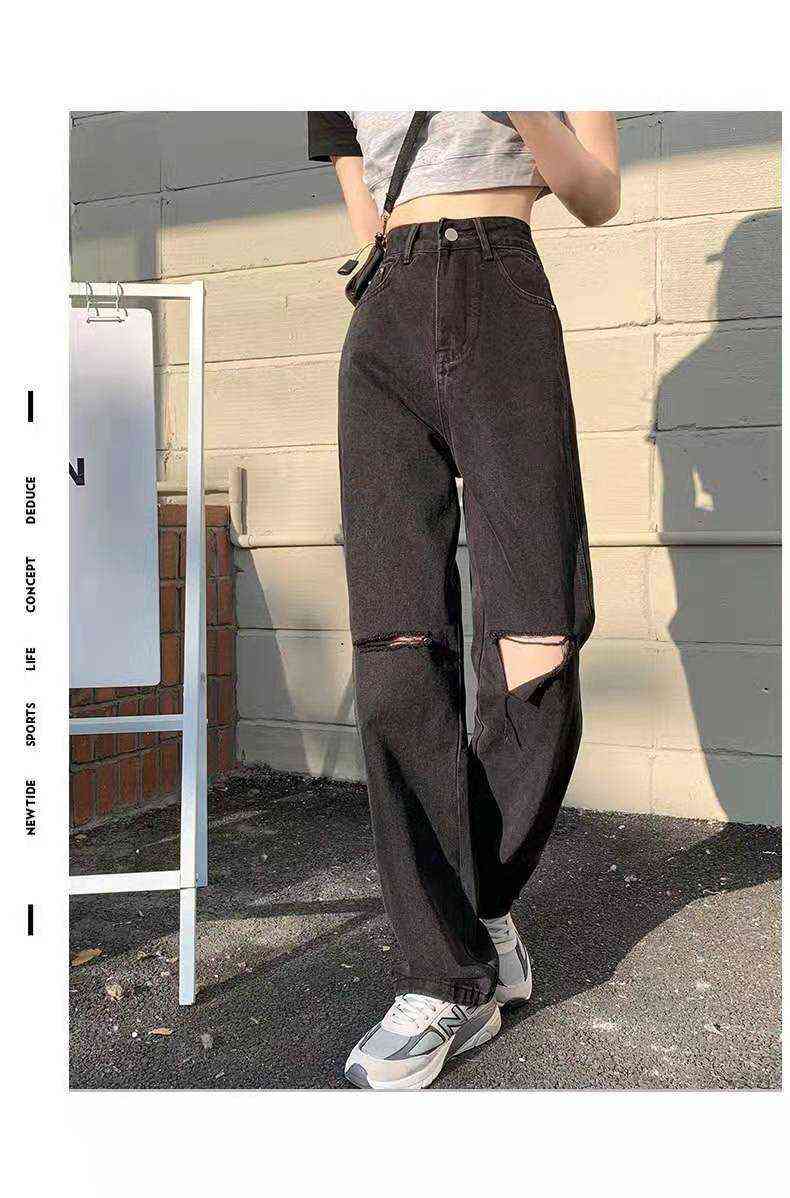 Black high-waist ripped straight-leg jeans women's spring and autumn loose thin drape wide-leg mopping pants 211129