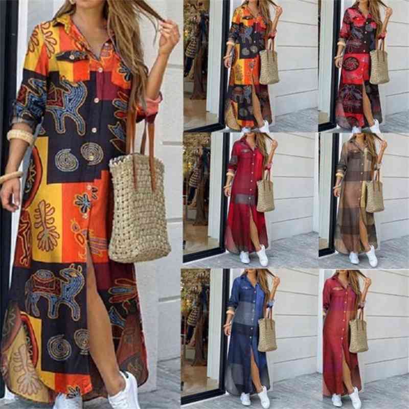2021autumn new women's fashion sleeve shirt skirt long print dress, Black;gray